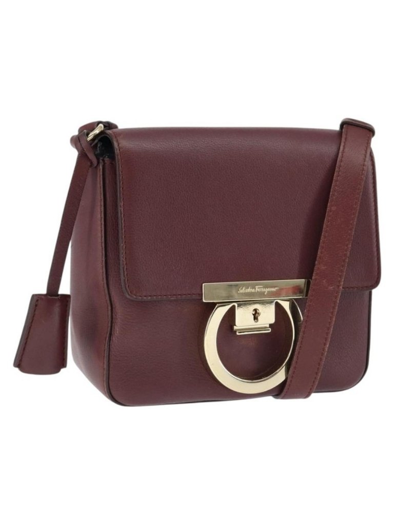 Authentic Salvatore Ferragamo Gancini Shoulder Bag Leather Bordeaux Gold